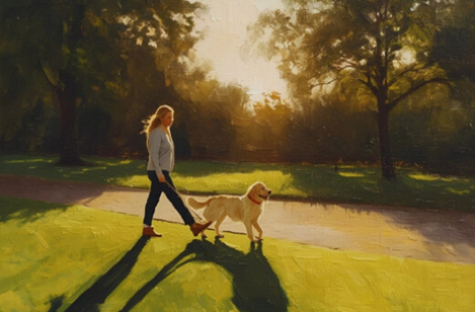 Walking a dog in a park during sunset, highlighting the peaceful and health-boosting benefits of daily dog walks for both pets and owners.